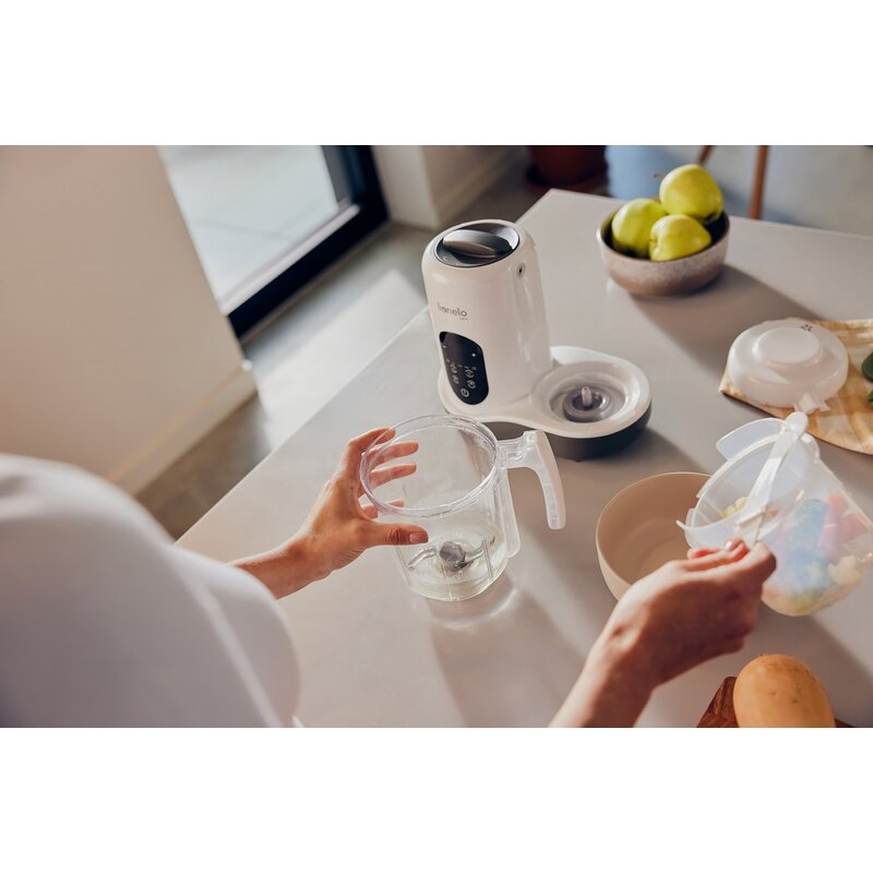 Aparat de gatit, Lionelo, BabyMenu, 5 in 1, Cu functii de gatire la abur, dezghetare, amestecare, incalzire si sterilizare, Cu recipient din tritan, Include meniu cu retete, Personalizare setari, Alb