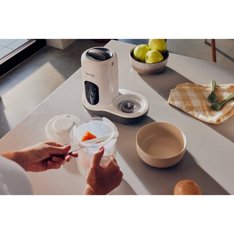 Aparat de gatit, Lionelo, BabyMenu, 5 in 1, Cu functii de gatire la abur, dezghetare, amestecare, incalzire si sterilizare, Cu recipient din tritan, Include meniu cu retete, Personalizare setari, Alb