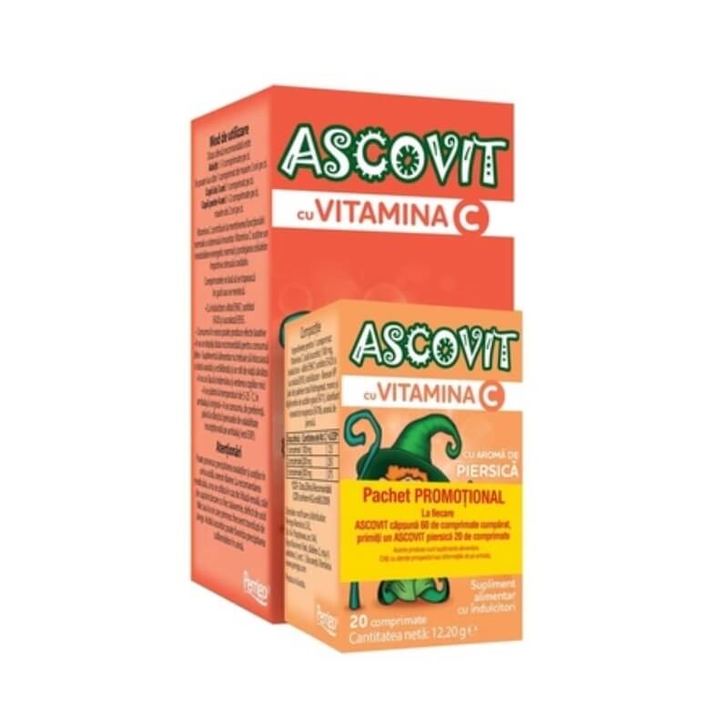 Pachet Ascovit cu Vitamina C aroma de capsuni 60 comprimate + Ascovit cu Vitamina C cu aroma de piersica 20 comprimate, Perrigo