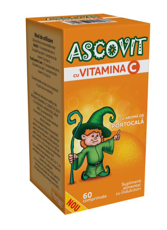 Ascovit cu Vitamina C aroma de portocala, 60 comprimate, Perrigo