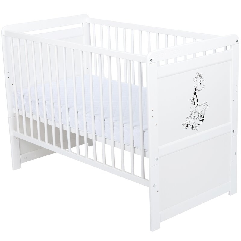 Babyneeds - Patut din lemn Nadia II Girafa 120x60 cm, multifunctional, Alb + Saltea 10 cm