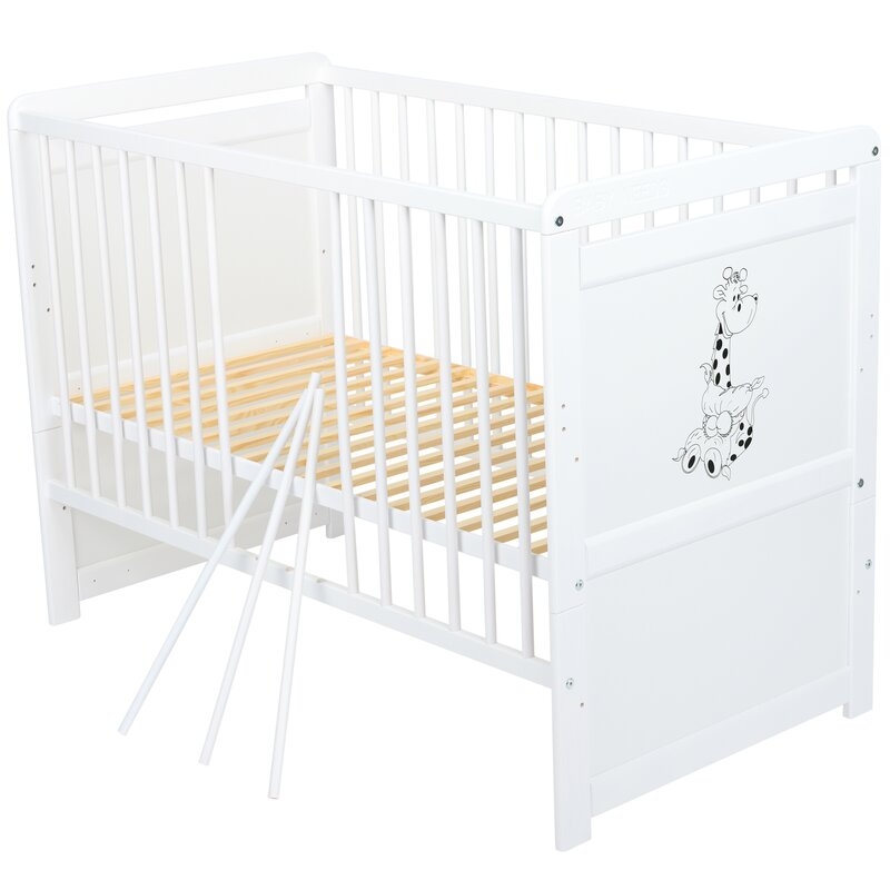 Babyneeds - Patut din lemn Nadia II Girafa 120x60 cm, multifunctional, Alb + Saltea 10 cm