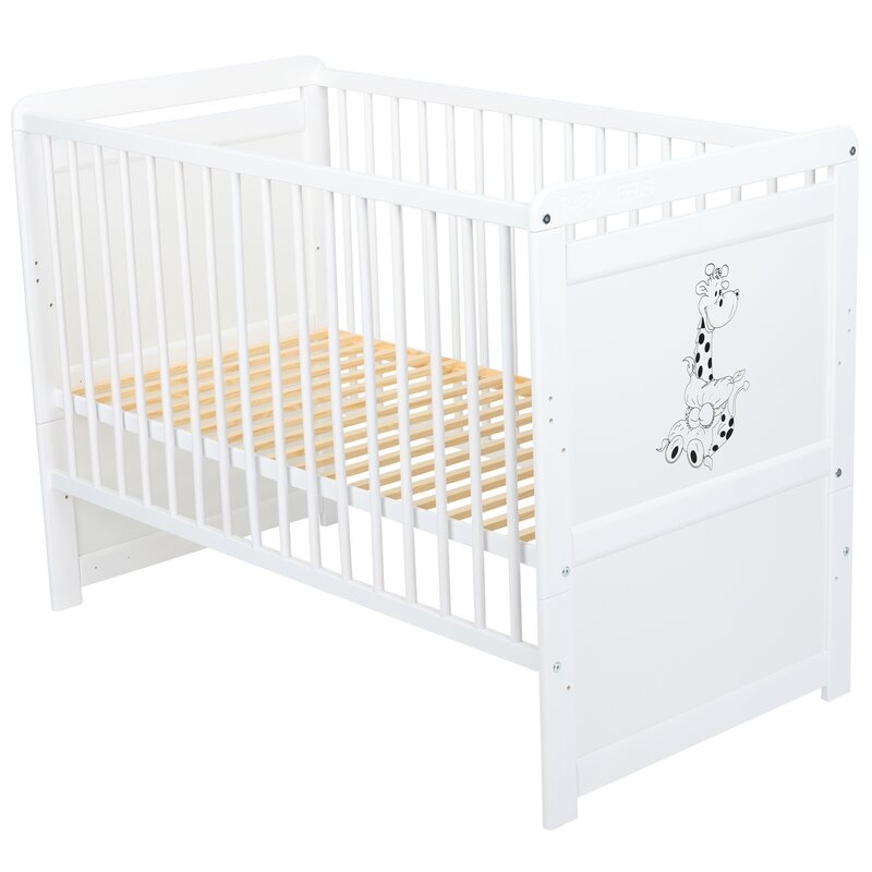 Babyneeds - Patut din lemn Nadia II Girafa 120x60 cm, multifunctional, Alb + Saltea 10 cm