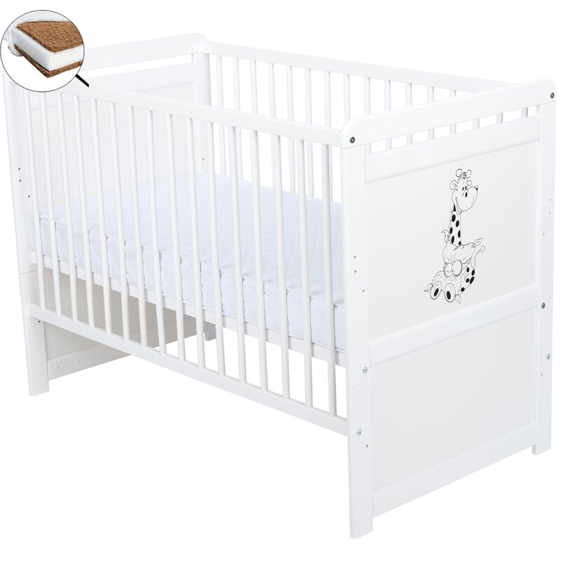 Babyneeds - Patut din lemn Nadia II Girafa 120x60 cm, multifunctional, Alb + Saltea 10 cm