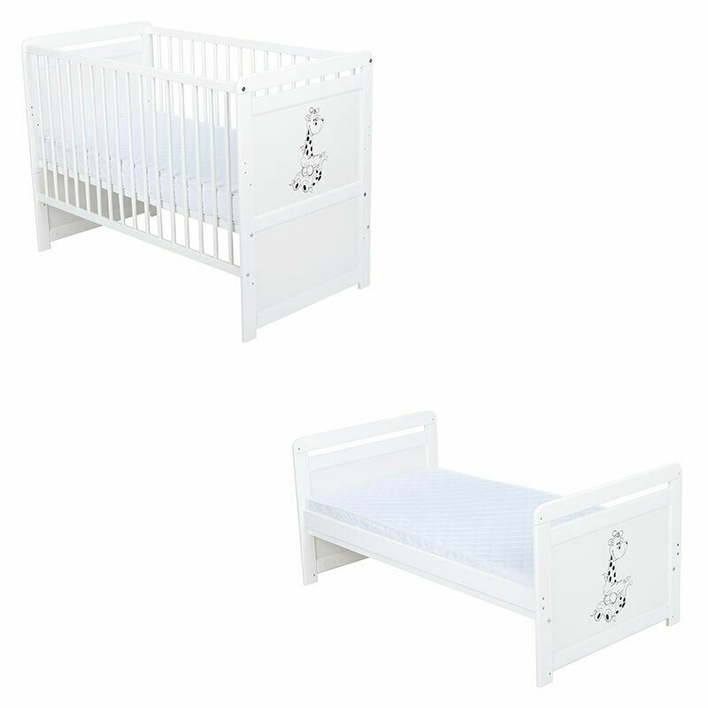 Babyneeds - Patut din lemn Nadia II Girafa 120x60 cm, multifunctional, Alb + Saltea 10 cm