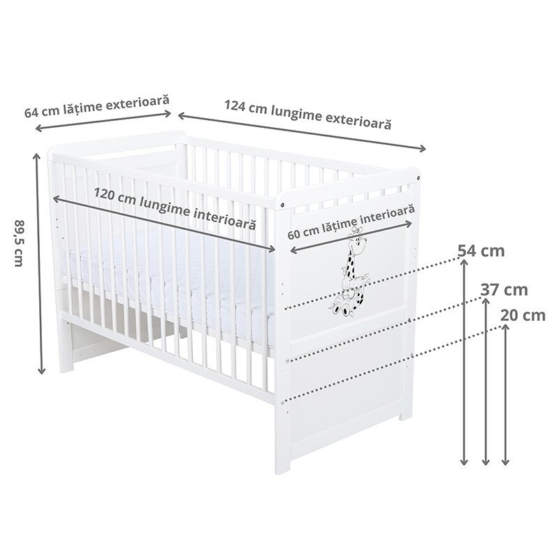 Babyneeds - Patut din lemn Nadia II Girafa 120x60 cm, multifunctional, Alb + Saltea 10 cm