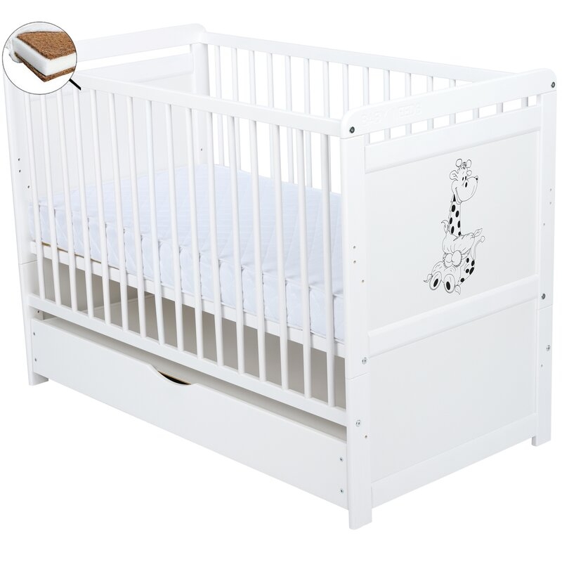 Babyneeds - Patut din lemn Nadia II Girafa 120x60 cm, multifunctional, cu sertar, Alb + Saltea 12 cm