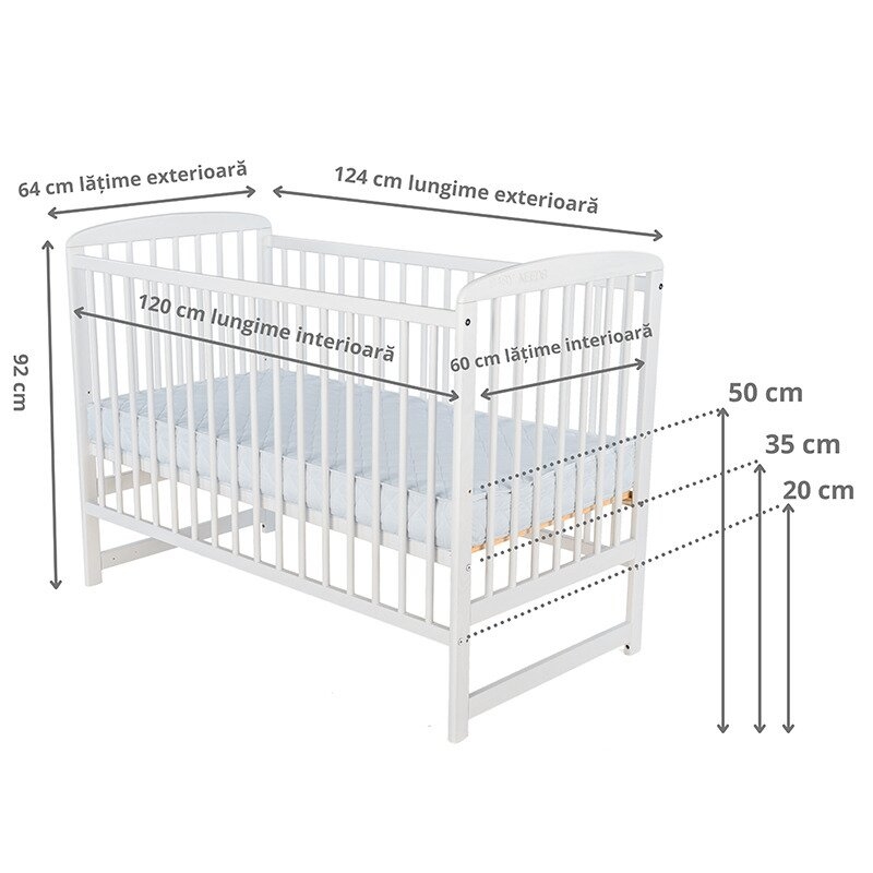 BabyNeeds - Patut din lemn Ola 120x60 cm Alb + Saltea 10 cm