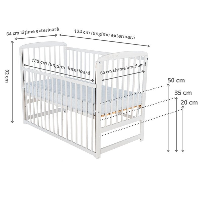 BabyNeeds - Patut din lemn Ola 120x60 cm cu laterala culisanta Alb + Saltea 10 cm