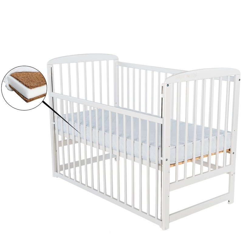 BabyNeeds - Patut din lemn Ola 120x60 cm cu laterala culisanta Alb + Saltea 10 cm