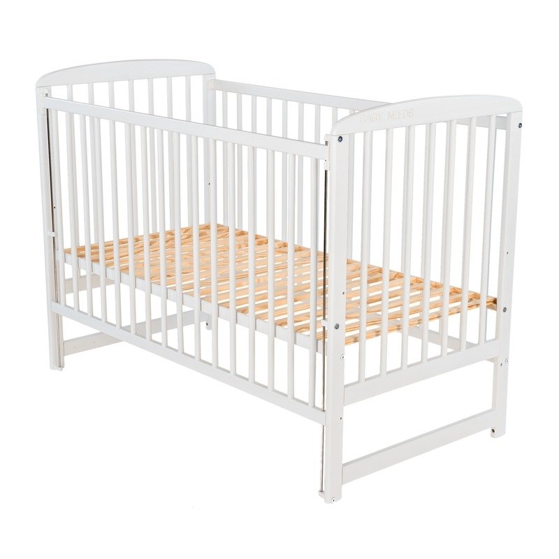 BabyNeeds - Patut din lemn Ola 120x60 cm cu laterala culisanta Alb + Saltea 10 cm