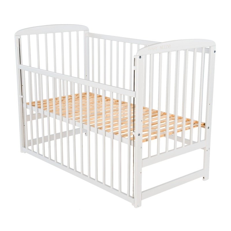 BabyNeeds - Patut din lemn Ola 120x60 cm cu laterala culisanta Alb + Saltea 10 cm