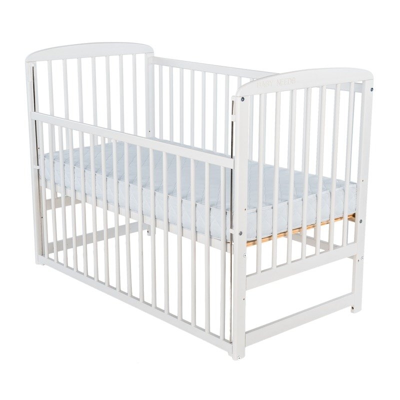 BabyNeeds - Patut din lemn Ola 120x60 cm cu laterala culisanta Alb + Saltea 10 cm