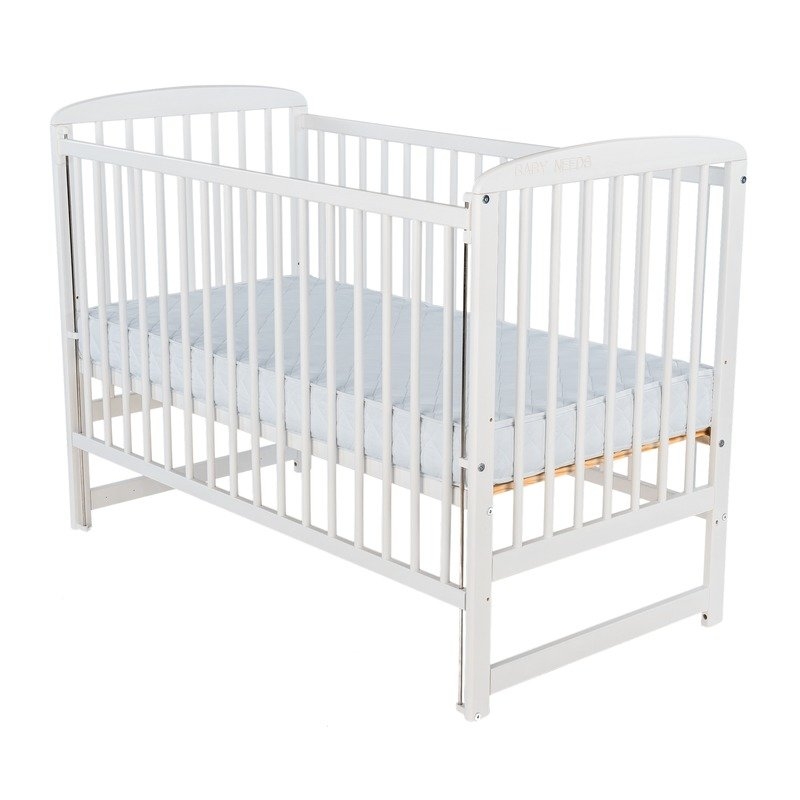 BabyNeeds - Patut din lemn Ola 120x60 cm cu laterala culisanta Alb + Saltea 10 cm