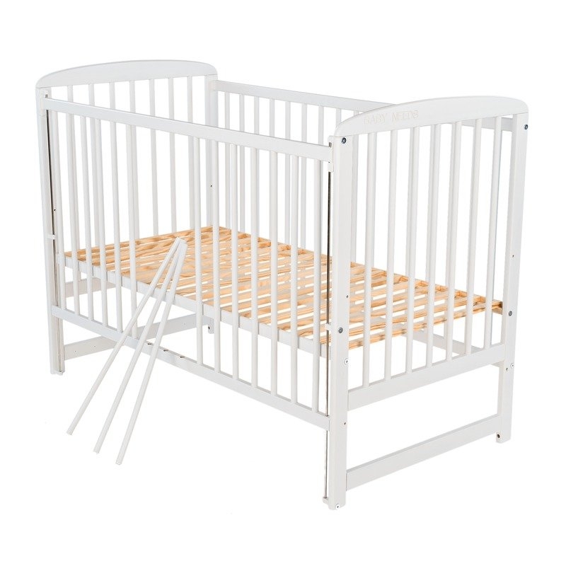 BabyNeeds - Patut din lemn Ola 120x60 cm cu laterala culisanta Alb + Saltea 10 cm