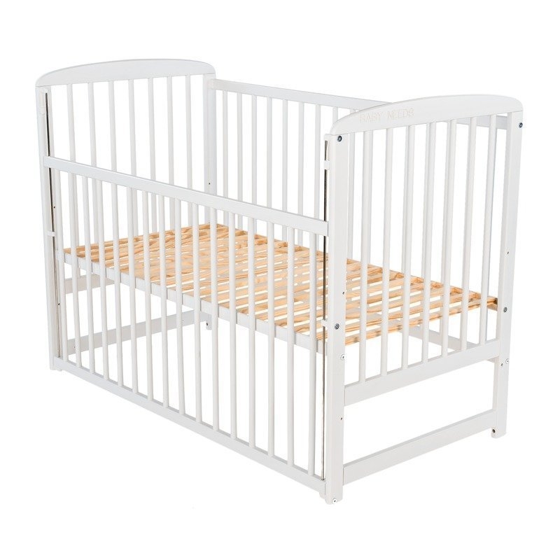BabyNeeds - Patut din lemn Ola 120x60 cm cu laterala culisanta Alb + Saltea 12 cm