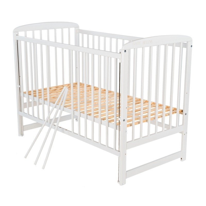 BabyNeeds - Patut din lemn Ola 120x60 cm cu laterala culisanta Alb + Saltea 12 cm