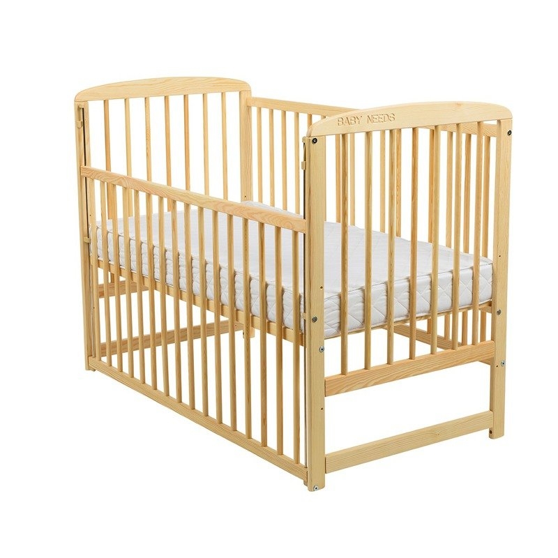 BabyNeeds - Patut din lemn Ola 120x60 cm cu laterala culisanta Natur + Saltea 10 cm