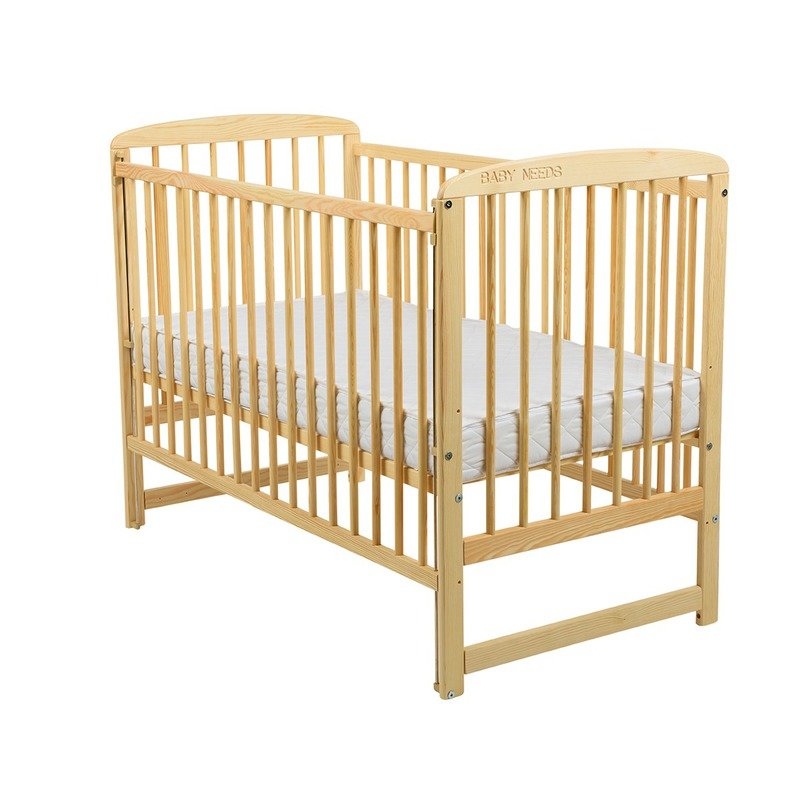 BabyNeeds - Patut din lemn Ola 120x60 cm cu laterala culisanta Natur + Saltea 10 cm