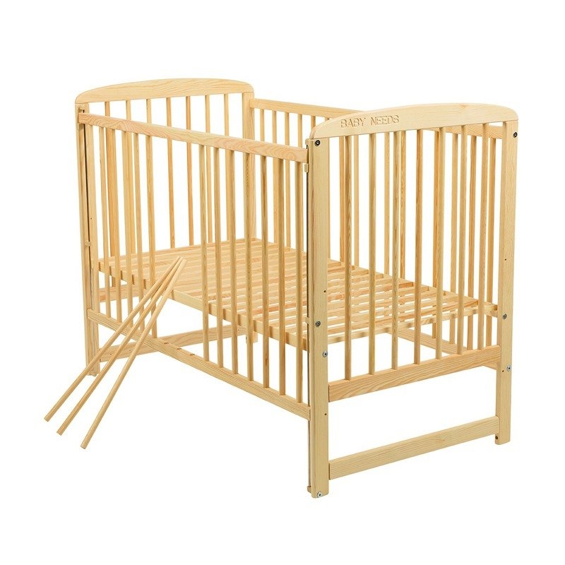 BabyNeeds - Patut din lemn Ola 120x60 cm cu laterala culisanta Natur + Saltea 10 cm