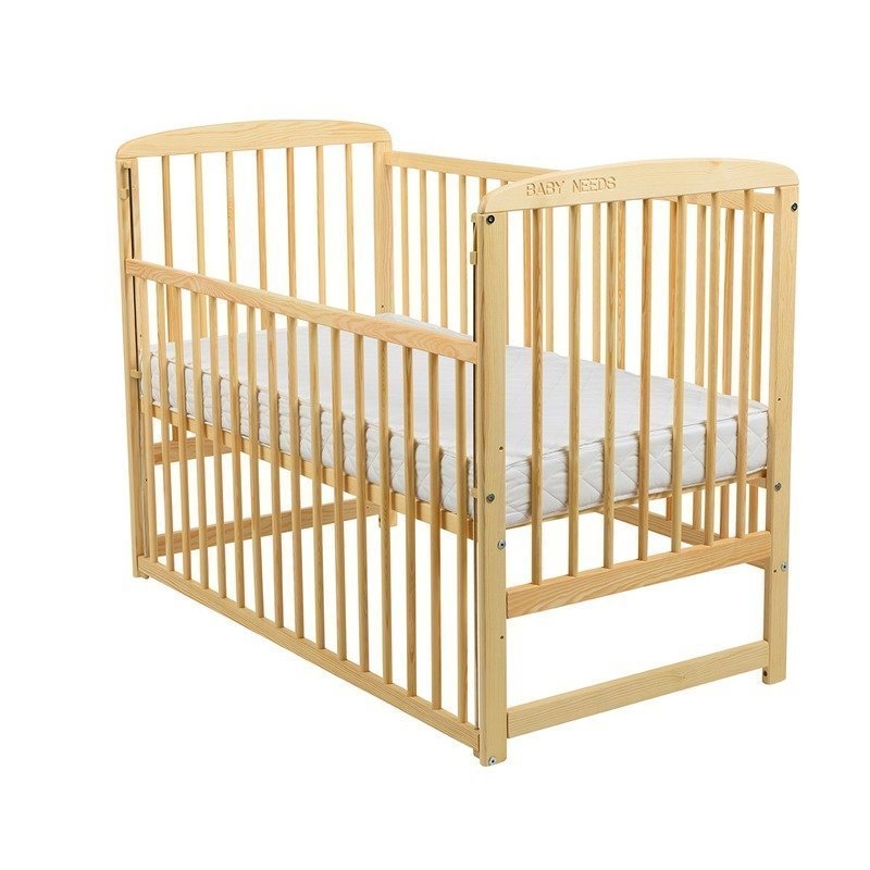 BabyNeeds - Patut din lemn Ola 120x60 cm cu laterala culisanta Natur + Saltea 12 cm