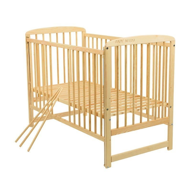 BabyNeeds - Patut din lemn Ola 120x60 cm cu laterala culisanta Natur + Saltea 12 cm
