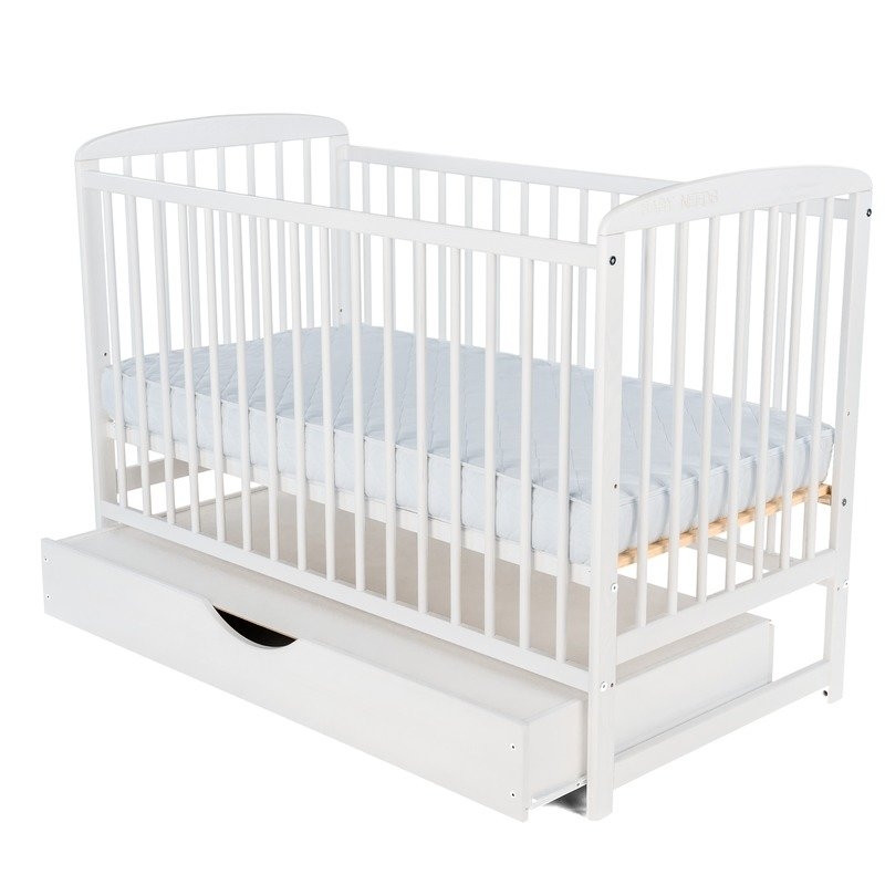 BabyNeeds - Patut din lemn Ola 120x60 cm cu sertar Alb + Saltea 10 cm