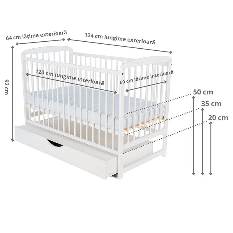 BabyNeeds - Patut din lemn Ola 120x60 cm cu sertar Alb + Saltea 12 cm