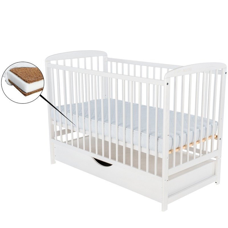 BabyNeeds - Patut din lemn Ola 120x60 cm cu sertar Alb + Saltea 12 cm