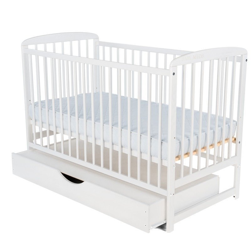 BabyNeeds - Patut din lemn Ola 120x60 cm cu sertar Alb + Saltea 12 cm