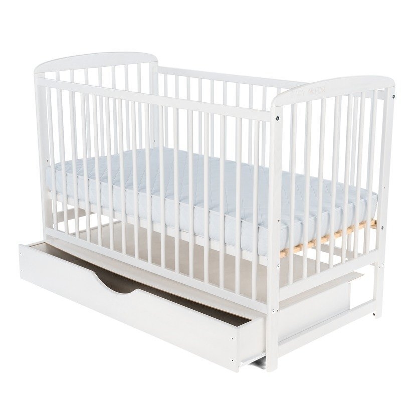 BabyNeeds - Patut din lemn Ola 120x60 cm cu sertar Alb + Saltea 12 cm