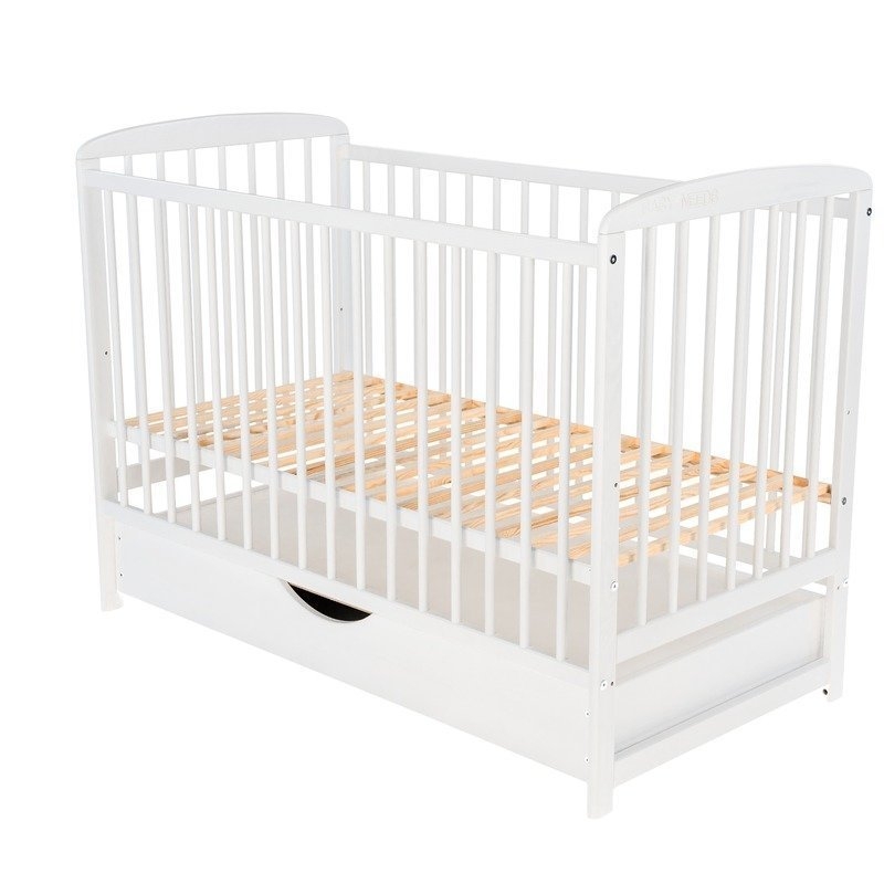 BabyNeeds - Patut din lemn Ola 120x60 cm cu sertar Alb + Saltea 12 cm