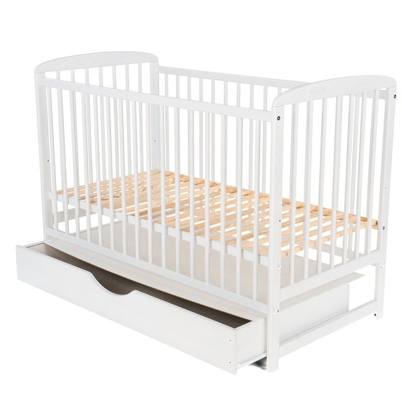 BabyNeeds - Patut din lemn Ola 120x60 cm cu sertar Alb + Saltea 12 cm