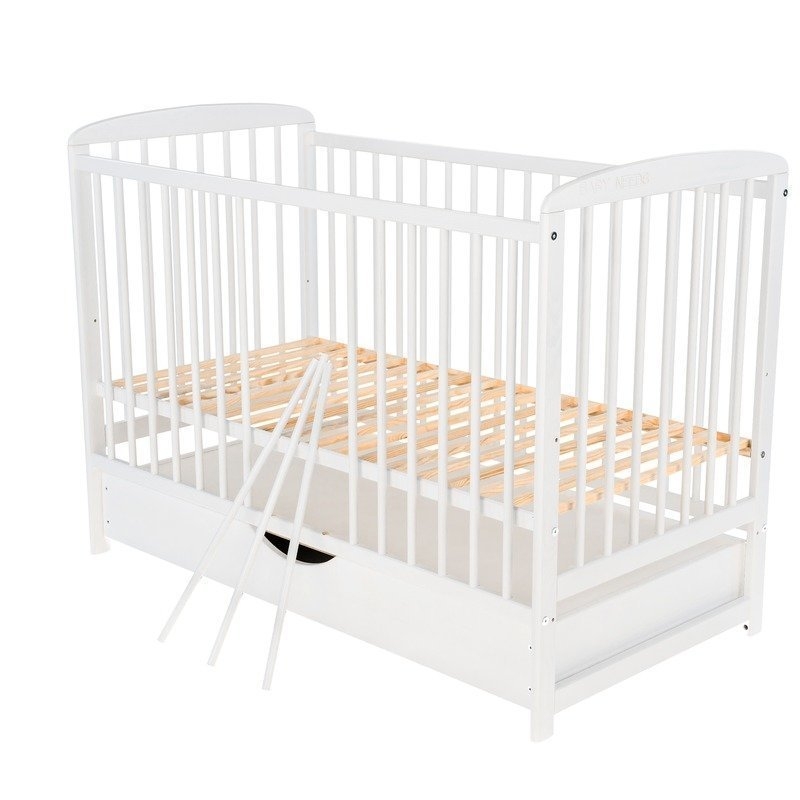 BabyNeeds - Patut din lemn Ola 120x60 cm cu sertar Alb + Saltea 12 cm