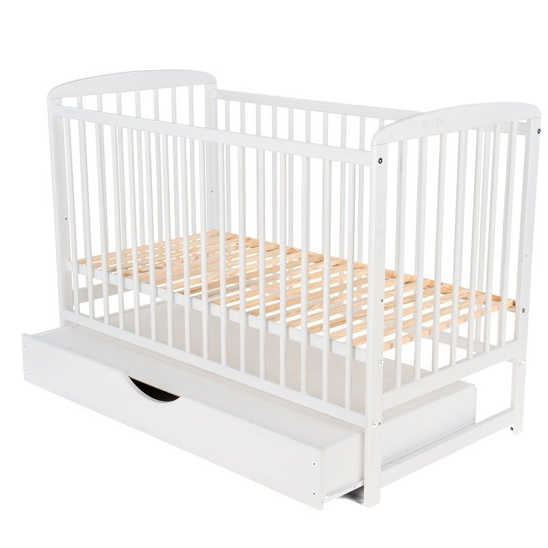 BabyNeeds - Patut din lemn Ola 120x60 cm cu sertar Alb + Saltea 8 cm