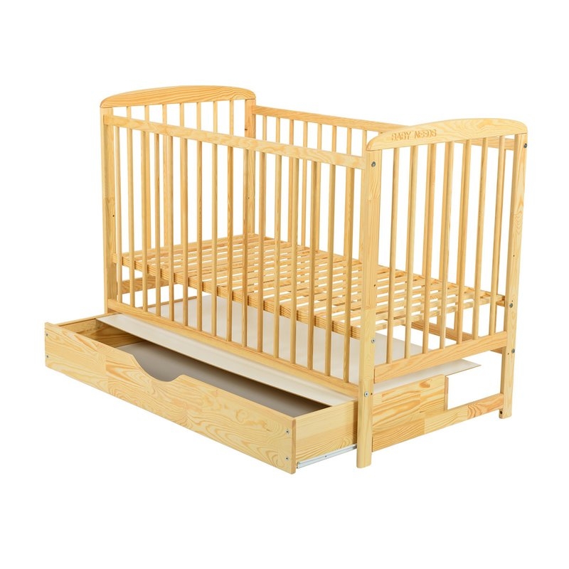 BabyNeeds - Patut din lemn Ola 120x60 cm cu sertar Natur + Saltea 10 cm