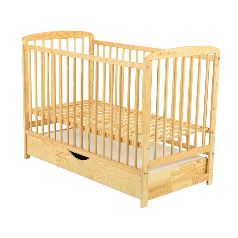 BabyNeeds - Patut din lemn Ola 120x60 cm cu sertar Natur + Saltea 10 cm