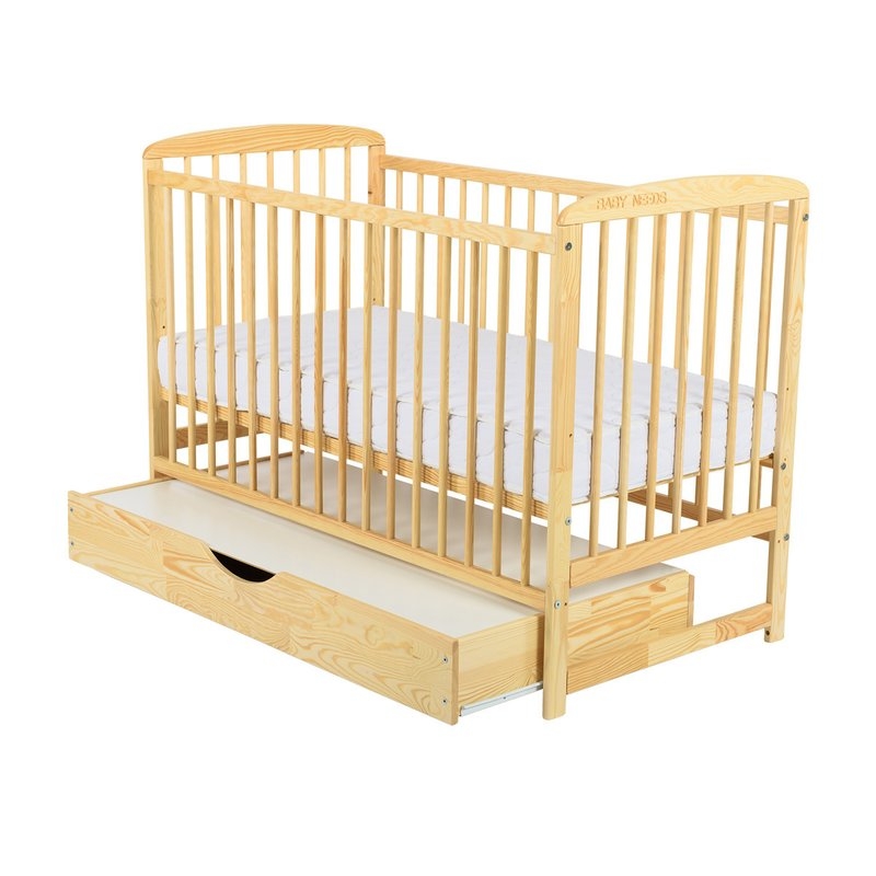 BabyNeeds - Patut din lemn Ola 120x60 cm cu sertar Natur + Saltea 10 cm