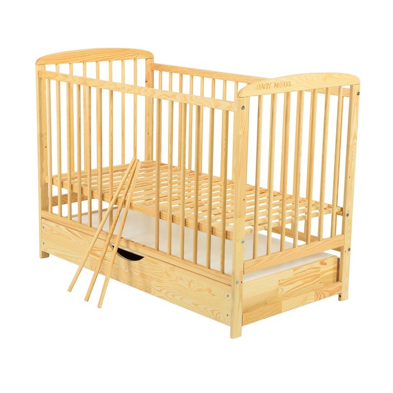 BabyNeeds - Patut din lemn Ola 120x60 cm cu sertar Natur + Saltea 10 cm