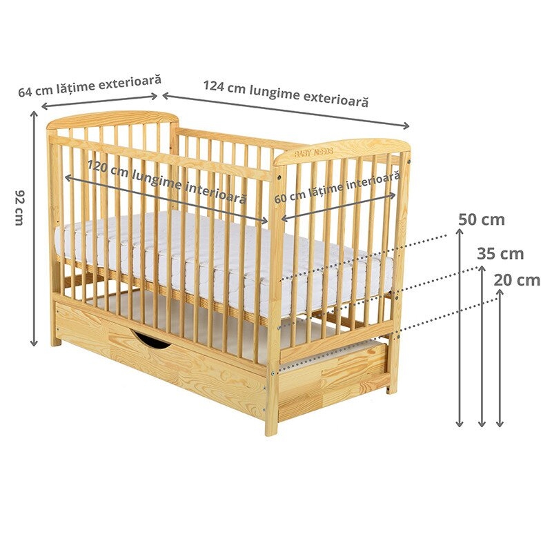 BabyNeeds - Patut din lemn Ola 120x60 cm cu sertar Natur + Saltea 12 cm