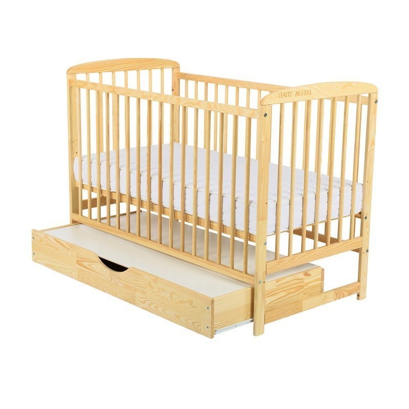 BabyNeeds - Patut din lemn Ola 120x60 cm cu sertar Natur + Saltea 12 cm