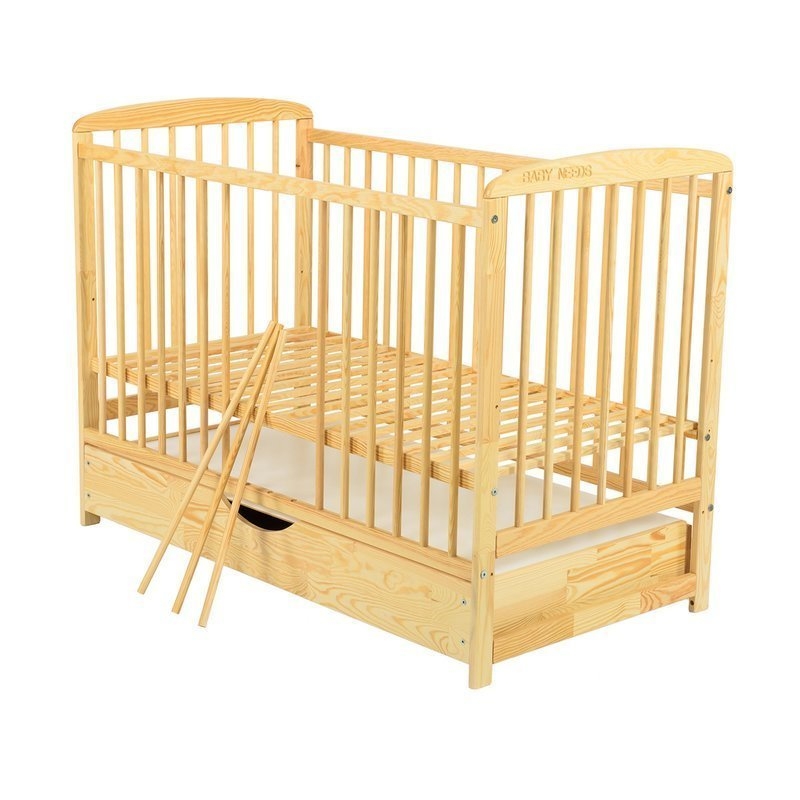 BabyNeeds - Patut din lemn Ola 120x60 cm cu sertar Natur + Saltea 12 cm