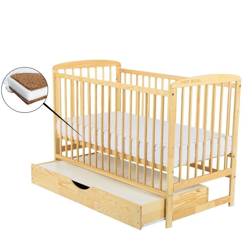 BabyNeeds - Patut din lemn Ola 120x60 cm cu sertar Natur + Saltea 12 cm