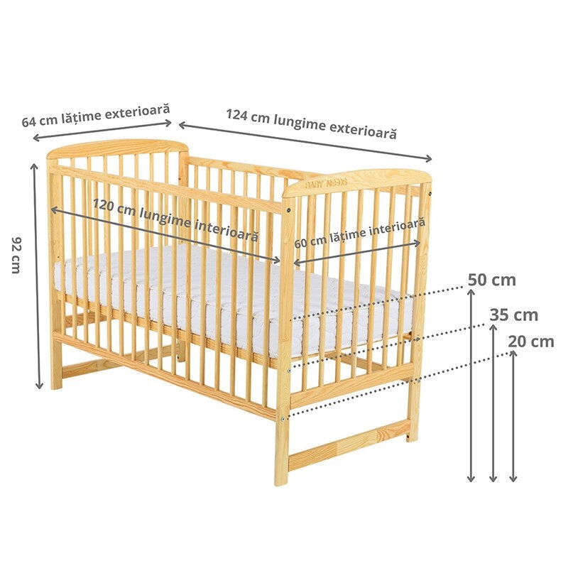 BabyNeeds - Patut din lemn Ola 120x60 cm Natur + Saltea 12 cm