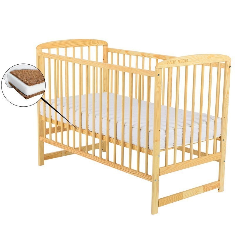 BabyNeeds - Patut din lemn Ola 120x60 cm Natur + Saltea 12 cm