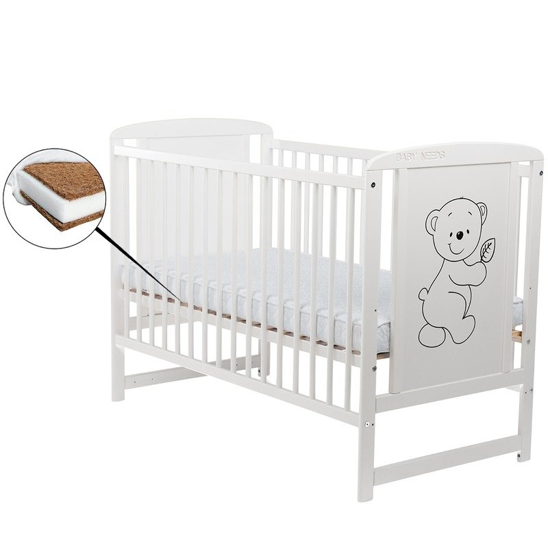 BabyNeeds - Patut din lemn Timmi 120x60 cm Alb + Saltea 10 cm