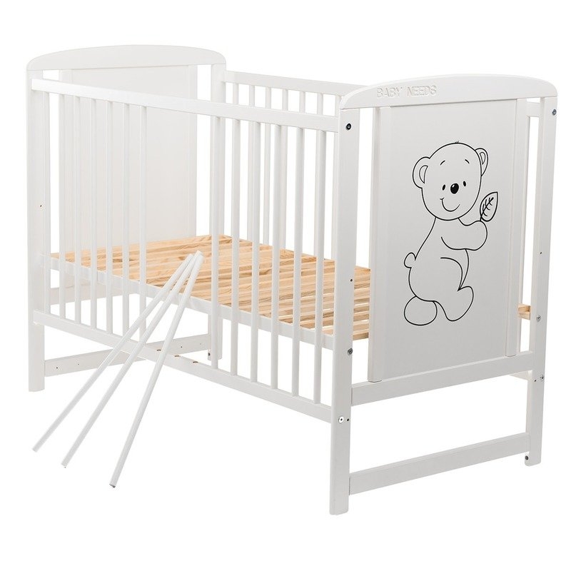 BabyNeeds - Patut din lemn Timmi 120x60 cm Alb + Saltea 10 cm