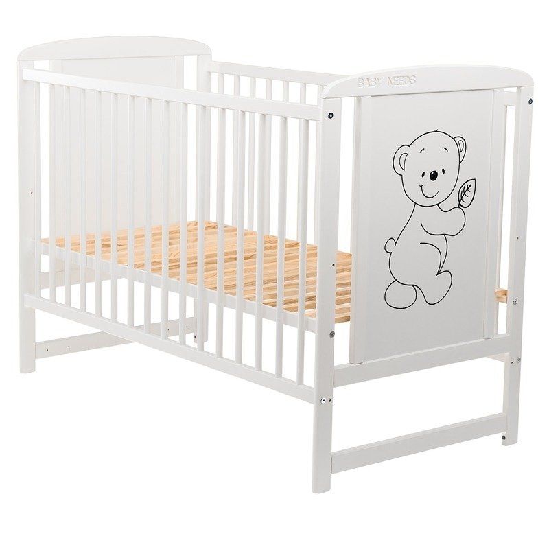 BabyNeeds - Patut din lemn Timmi 120x60 cm Alb + Saltea 10 cm