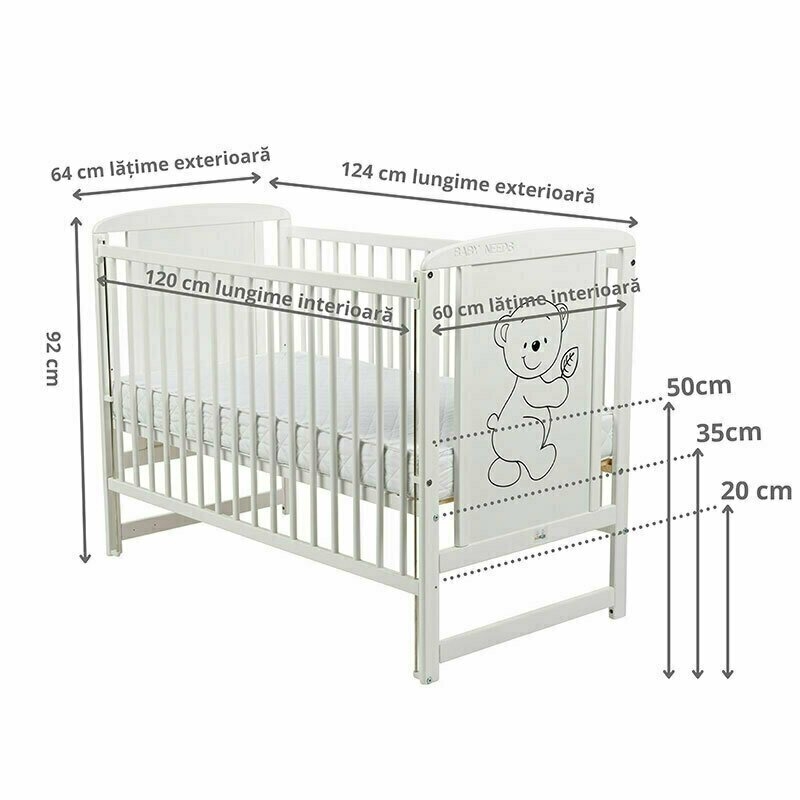 Patut din lemn bebe, 120x60 cm, Cu laterala culisanta, Din lemn de pin si mdf, Stabil si rezistent, Inaltime saltea reglabila pe 3 nivele, Laterala cu 3 bete detasabile, EN716-1, EN716-2, Alb, Babyneeds, Timmi, Resigilat
