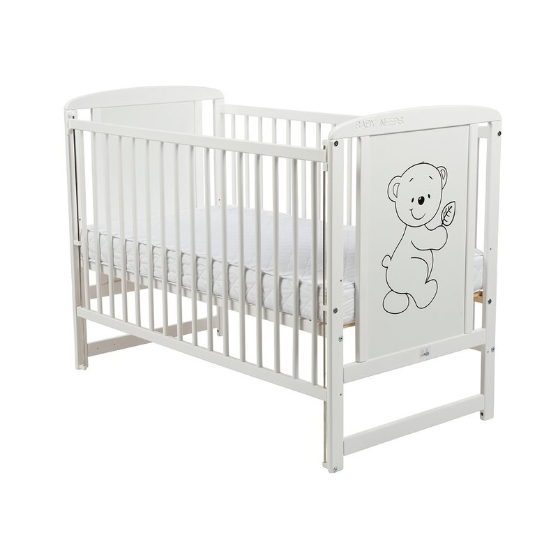 Patut din lemn bebe, 120x60 cm, Cu laterala culisanta, Din lemn de pin si mdf, Stabil si rezistent, Inaltime saltea reglabila pe 3 nivele, Laterala cu 3 bete detasabile, EN716-1, EN716-2, Alb, Babyneeds, Timmi, Resigilat